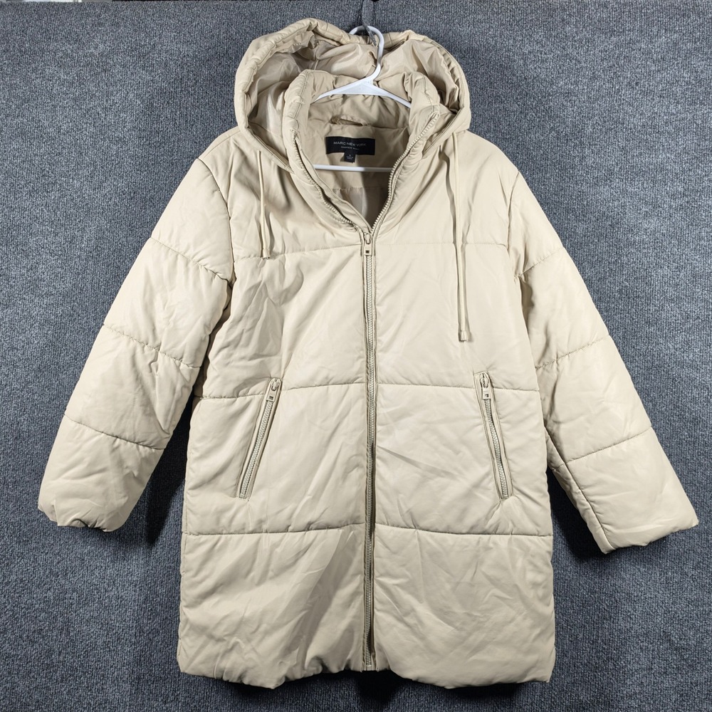 Marc‎ New York by Andrew Marc Coat Womens Small Hooded Puffer Faux Leather Beige